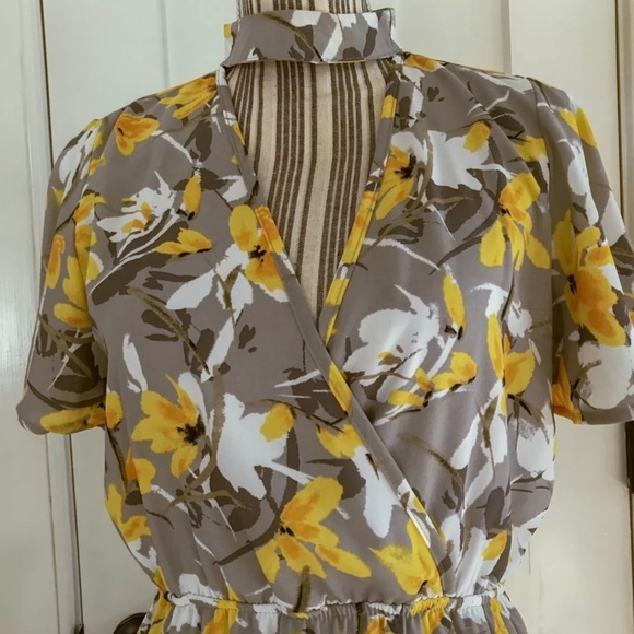 Floral Choker Collar Surplice V Elastic Waist Day Dress Peach Love S Grey Yellow - Picture 13 of 16